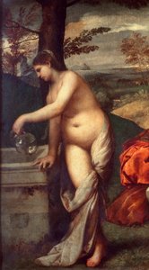 Koncert zespołu Muzycy na trawie, kobiety są nagie. Fragment jednego z nich napełniającego dzban do fontanny. Obraz przypisywany Tiziano Vecellio dit le Titian (1485-1576) lub Giorgio da Castelfranco dit Giorgione (1476/1478-1510) Nd. 1,05 X 1,36 m Paryż