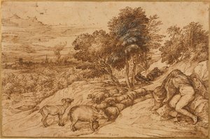 Drzewny pejzaż z nagą kobietą, z głową ukrytą pod płaszczem (długopis i brązowy tusz na kremowym papierze) autorstwa Titian (c.1488 1576)
