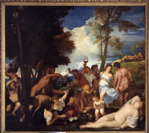 Przybycie Bachusa na wyspę Andros (Bachanał Andrii). Przylot z Bachusa na wyspę Andros. Obraz przedstawiający Fete satyry i bachantki na cześć boskiego Bachusa (Bakan). Obraz Tiziano Vecellio zwany Tycjanem (1485-1576), v autorstwa Tiziano Vecelli