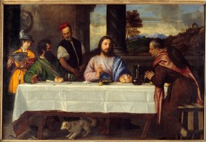 Kolacja w Emaus Spotkaj Jezusa z pelerinami. Obraz Tiziano Vecellio dit le Titian (1485-1576) XVI w. Słońce. 1,69x2,44 m² autorstwa Titian (c.1488 1576)