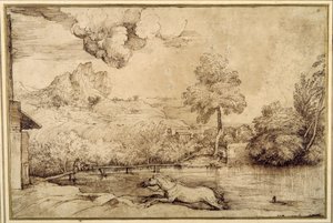 Krajobraz: koń bez jeźdźca ścigany przez węża (pióro i brązowy tusz na kremowym papierze) autorstwa Titian (c.1488 1576)
