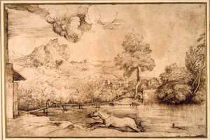 Krajobraz: koń bez jeźdźca ścigany przez węża (długopis i brązowy tusz na kremowym papierze) autorstwa Titian (c.1488 1576)