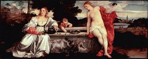 Święta miłość i świecka miłość Obraz Tiziano Vecellio zwany Tycjanem (1490-1576) ok. 1515 r. Słońce. 118x279 cm Rzym, Galleria Borghese - Miłość święta i bluźniercza - Obraz Tiziano Vecellio, zwany Tycjanem (ok.1488-1576), olej na płótnie, ca. 1515 (118x27 autorstwa Tiziano Vecelli
