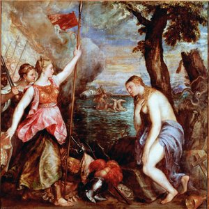 Hiszpania na pomoc religii: alegoria zwycięstwa wojsk papieża Piusa V (w tym Hiszpanii) nad flotą Imperium Osmańskiego w bitwie morskiej pod Lepante w 1571 roku. Kobieta obnażona (religia) zostaje uratowana przez wojownika reprezentującego Hiszpania. Obraz