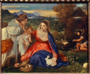 Matka Boska z Dzieciątkiem ze św. Katarzyną lub Matka Boska z Królikiem Obraz Tiziano Vecellio dit le Titian (1485-1576) XVI-wieczne słońce. 0,71 x 0,87 m Paryż, autorstwa Tiziano Vecelli