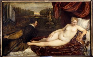 Koncert Un woman nude lie en pres un homme gra na organach. Obraz Tiziano Vecellio zwany Tycjanem (1485-1576)