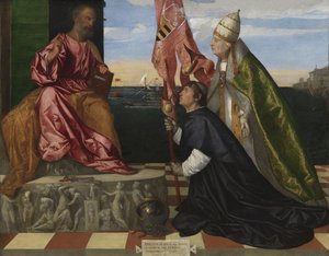 Niderlandzki: Jacopo Pesaro, biskup Pafos, ofiarowany przez papieża Aleksandra VI Borgię świętemu Piotrowi Jacopo Pesaro, biskup Pafos, ofiarowany przez papieża Aleksandra VI świętemu Piotrowi autorstwa Titian