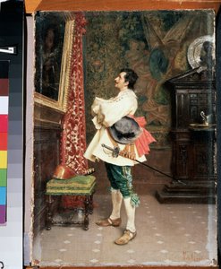 „Przed portretem” (Przed portretem) Mężczyzna ubrany w mundur muszkietera z XVII wieku, podziwia obraz (portret własny) Obraz Tito Conti (1842-1924) Muzeum Sztuki Michaiła Kroszyckiego, Sewastopol (Sewastopol) Ukraina autorstwa Tito Conti