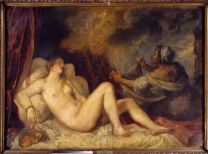 Danae otrzymująca złoty deszcz Zeus przybywa do Danae, aby go uwieść w postaci deszczu złotych monet. Obraz Tiziano Vecellio pt. Tycjan (1488-1576) 1553 Sun. 1,29x1,8 m Madryt, Muzeum Prado autorstwa Tiziano Vecelli
