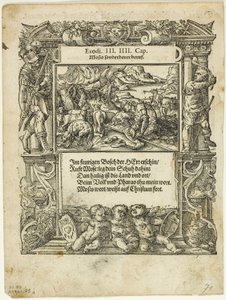 Mojżesz i gorejący krzew (recto) oraz Dzieciątko Mojżesz wrzucone do rzeki (verso) z Neue künstliche Figuren biblischer Historien, tablica 55 z drzeworytów z ksiąg XVI w. autorstwa Tobias Stimmer