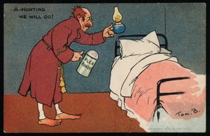Mężczyzna polujący na pchły w swoim łóżku (chromolitho) autorstwa Tom Browne