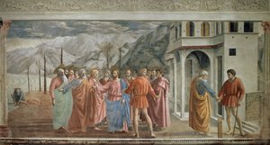 Tribute Money - Le paiement du tribute (Hołd) - Fresk Tommaso di ser Giovanni di Mone Cassai dit Masaccio (1401-1428), 254,5x598,3 cm
