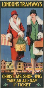 „Świąteczne zakupy, weź całodniowy bilet 1”, plakat London County Council LCC Tramways, 1926 autorstwa Tony Castle