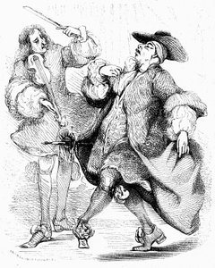 Moliere: Mieszczanin szlachcicem, pan Jourdain tańczy pod kierunkiem swojego mistrza muzyki. Rycina autorstwa Tony