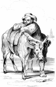 Sancho Panza (Panca), giermek Don Kichota (Quijote, Kichot) i jego osioł. Ilustracja do powieści Cervantesa wydanej we Francji w 1845 r. przez Dubochet  Cie, tłumaczenie Louis Viardot, ryciny Andy Johannot.