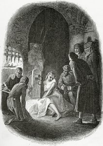 Przesłuchanie Esmeraldy - ilustracja z Notre Dame de Paris, XIX w. (rycina bw)