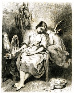 Młoda kobieta (prządka) śpiąca przy kole - angelot pochyla się nad jej ramieniem - sen - marzenie - zaduma - miłość - rycina (akwaforta 1845) Tony