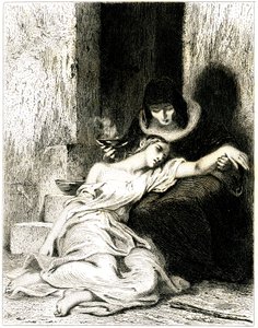 Młoda kobieta wyraźnie cierpiąca (chora) przyciśnięta do kolan starszej kobiety, która zmusza ją do zażycia eliksiru (lekarstwa) - akwaforta (akwaforta) autorstwa Tony