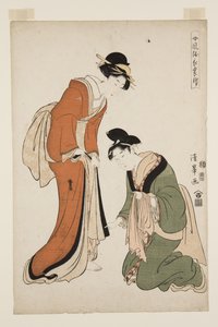 Dodatek modnych kobiecych długich sukienek (Onna f?zoku-ch? mo fuke) (kolorowy drzeworyt) autorstwa Torii (Torii Kiyomitsu II) Kiyomine