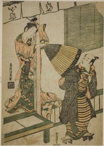 Piękność z Ibarakiya ciągnąca mężczyznę za parasol - parodia legendy o Watanabe no Tsuna i demonie z Ibaraki autorstwa Torii Kiyohiro