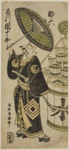 Ichikawa Danjuro IV jako Sukeroku w sztuce „Choseiden Fudan-zakura” wystawionej w Teatrze Nakamura w czwartym miesiącu