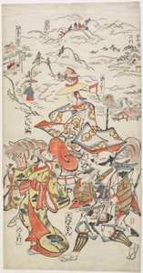 Fujiwara no Teika na koniu w towarzystwie O_e Saemona i kobiety Nowake, ok. 1710 r. autorstwa Torii Kiyomasu II