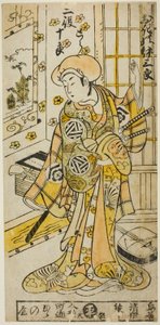 Aktor Ogino Isaburo I w dwóch rolach, Tora i Soga no Juro, w sztuce „Juhakko Imayo Soga”, wystawionej w Teatrze Nakamura w pierwszym miesiącu 1734 autorstwa Torii Kiyomasu II