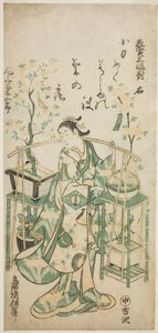 Aktor Onoe Kikugoro I, prawa strona „Tryptyku z kwiatami (Hanauri sanpukutsui)” autorstwa Torii Kiyomasu II