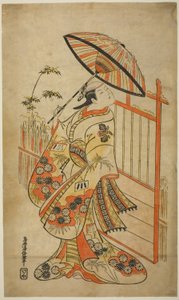 Aktor Sanogawa Mangiku I jako Sanada, córka przędzarki Itoya, w sztuce „Hiragana Yomeiri Izu Nikki”, wystawiona w Teatrze Nakamura w jedenastym miesiącu 1718 autorstwa Torii Kiyomasu II