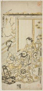 Aktorzy Tamazawa Saijiro I jako Oiso no Tora i Ichimura Uzaemon VIII jako Soga no Juro w sztuce „Haru wa Akebono Kuruwa Soga”, wystawionej w Teatrze Ichimura w pierwszym miesiącu 1743 autorstwa Torii Kiyomasu II