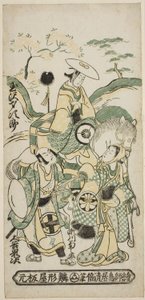 Aktorzy Tamazawa Saijiro I jako Ushiwakamaru, Segawa Kikunojo I jako Oroku i Otani Oniji I jako Matano Goro w sztuce „Sazareishi Suehiro Genji”, wystawionej w Teatrze Nakamura w pierwszym miesiącu 1744 autorstwa Torii Kiyomasu II