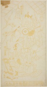 Aktorzy Tamazawa Saijiro I jako paź Umezaburo i Segawa Kikunojo I jako Oroku w sztuce „Sazareishi Suehiro Genji”, wystawionej w Teatrze Nakamura w pierwszym miesiącu 1744 autorstwa Torii Kiyomasu II