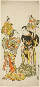 Aktorzy Yamashita Kinsaku I i Hayakawa Hatsuse jako lalkarze w sztuce „Dziennik trzymany w podróży drogą morską do Izu” („Funadama Izu Nikki”), wystawionej w Teatrze Nakamura w pierwszym miesiącu 1725 r. autorstwa Torii Kiyomasu II