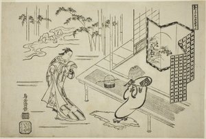 Aktorzy Nakamura Takesaburo I jako Kewaizaka no Shosho i Ichikawa Danjuro II jako Soga no Goro w strojach komuso w sztuce "Bando Ichi Kotobuki Soga", wystawionej w teatrze Nakamura w pierwszym miesiącu roku
