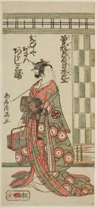Aktor Arashi Sankatsu jako Kanamuraya Osan w sztuce "Soga Hiiki Nihon Sakura", wystawionej w teatrze Nakamura w trzecim miesiącu 1762 r. autorstwa Torii Kiyomitsu I