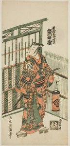 Aktor Ichikawa Masuzo I jako Soga no Goro w sztuce "Tokitsukaze Irifune Soga" wystawionej w teatrze Nakamura w pierwszym miesiącu 1758 r. autorstwa Torii Kiyomitsu I