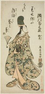 Aktor Segawa Kikunojo II jako Shirabyoshi Renri w sztuce "Imayo Dojoji" wystawionej w teatrze Ichimura w jedenastym miesiącu 1756 r. autorstwa Torii Kiyomitsu I