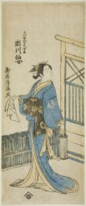Aktor Segawa Senjo (Kikunojo III) jako żona Amakawaya Gihei w sztuce "Kanadehon Chushingura" wystawionej w teatrze Nakamura w piątym miesiącu 1776 r. autorstwa Torii Kiyomitsu I