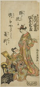 Aktorzy Bando Aizo jako kurtyzana Kewaizaka no Shosho i Ichikawa Raizo I jako Soga no Goro w sztuce "Satsuki Matsu Unohana Soga" wystawionej w teatrze Morita w czwartym miesiącu 1766 r. autorstwa Torii Kiyomitsu I