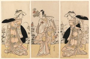 Bando Mitsugoro II jako Tennen no Mansaku-kitsune i Ichikawa Monnosuke III jako Nikaido Shinanonosuke oraz Iwai Hanshiro IV jako Okura no Kojoro-kitsune w scenie z dramatu Moto Mishi Yuki Sakae Hachi-no-ki (Nidaime Bando Mitsugoro no Tennen no mansaku autorstwa Torii Kiyonaga