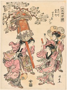 Niosąc latarnię ozdobioną kwiatami czterech pór roku (Hirakawa-cho Yamamoto-cho shiki no hana mando) z serii „Święto Sanno Sanno (Sanno go-sairei)” autorstwa Torii Kiyonaga