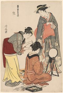 Artyści z Tachibany, z serii „Kolekcja współczesnych piękności dzielnic przyjemności (Tosei yuri bijin awase)”, ok. 1782 (kolorowy drzeworyt; oban) autorstwa Torii Kiyonaga
