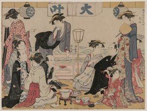 Rozrywka na balkonie nad wodą w Nakasu..., 1783. autorstwa Torii Kiyonaga