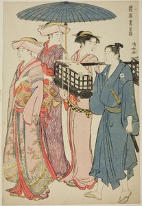 Idąc na piknik, z cyklu "Brokat wschodnich obyczajów (Fuzoku Azuma no nishiki)" autorstwa Torii Kiyonaga