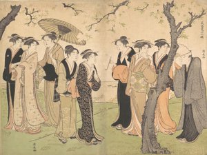 Grupa Sześciu Gejsz Pod Wiśniami na Gotenyamie, ok. godz. 1785. autorstwa Torii Kiyonaga