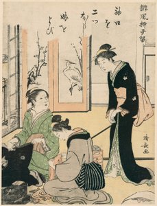 Teściowa dokucza pannie młodej z cyklu Zbiór wierszy humorystycznych, ok. 1785 (kolorowy drzeworyt; chuban) autorstwa Torii Kiyonaga