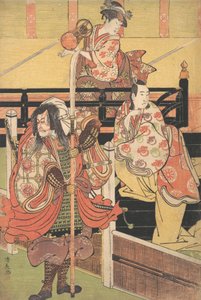 Na balkonie siedzi kobieta grająca tsuzumi, poniżej mężczyzna w kostiumie Daimyo to morze..., ok. godz. 1790. autorstwa Torii Kiyonaga