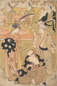 Onoe Matsusuke Ja jako Oiran stoi po lewej, rozmawiając z Nakamurą Nakazo Ja jako Sam..., ok. godz. 1788. autorstwa Torii Kiyonaga