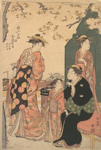 Portret kurtyzany Nioteru z Ogiya, z jej dwoma asystentami Namiji i Ao-..., ca. 1785. autorstwa Torii Kiyonaga
