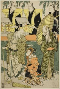 Aktorzy Bando Matakuro IV jako Chubei, Osagawa Tsuneyo II jako Umegawa i Nakamura Katsugoro jako Magoemon w sztuce „Keisei Koibikyaku” autorstwa Torii Kiyonaga